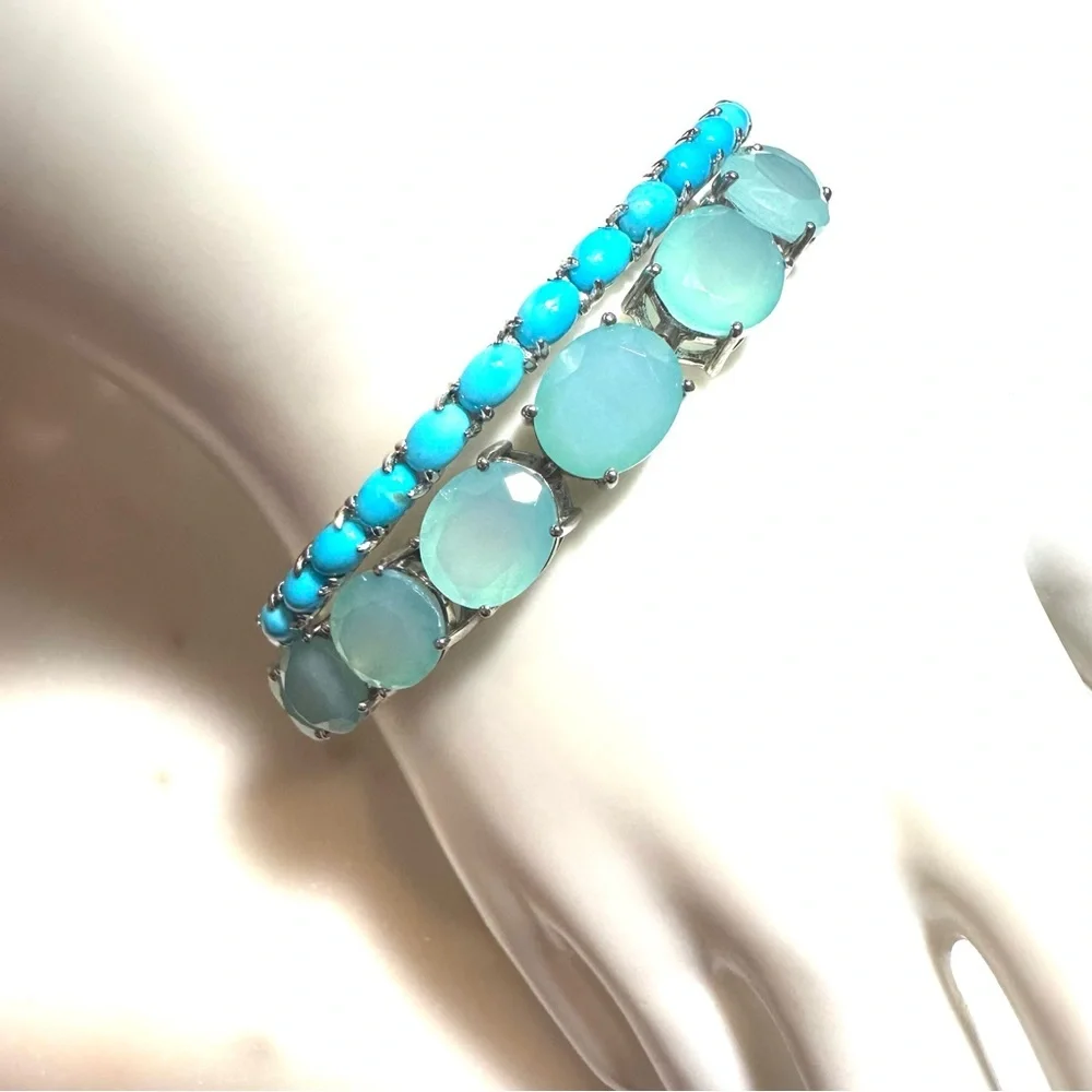 Oval Faceted Aqua Blue Chalcedony Sterling Silver Line Tennis Bracelet 12mm